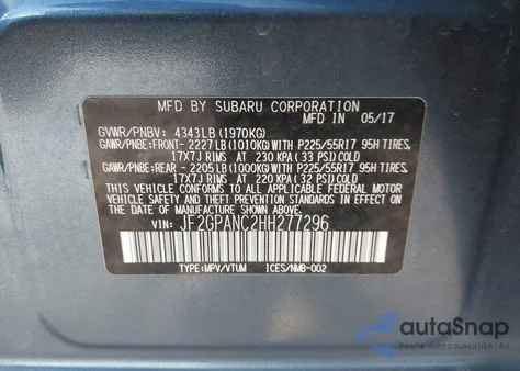 2017 Subaru Crosstrek 2.0I Limited z USA, uszkodzony, nr VIN JF2GPANC2HH277296